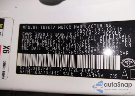 2016 Toyota Corolla L z USA, uszkodzony, nr VIN 2T1BURHEXGC485359